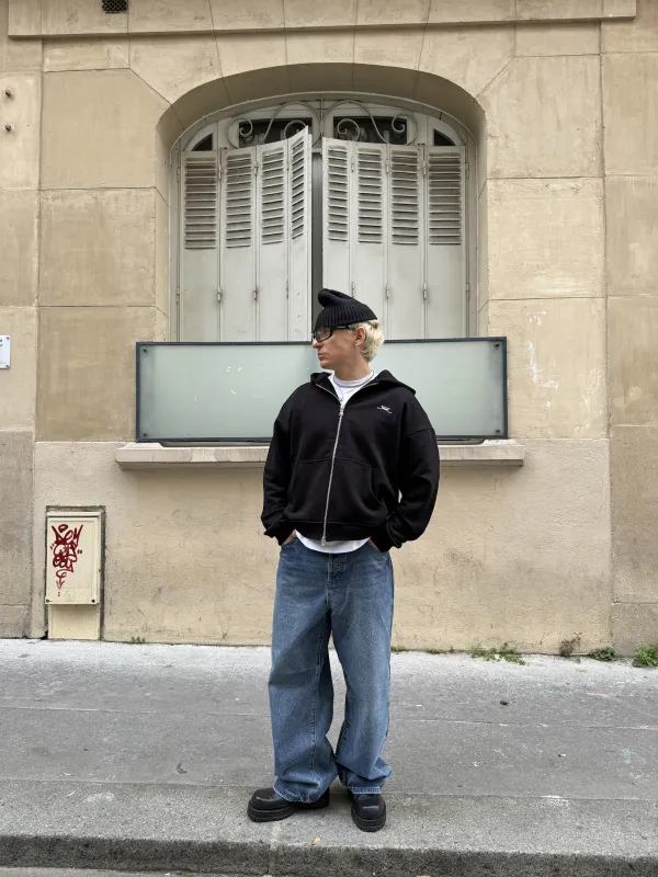 Initial Pin Zip Hoodie - Black