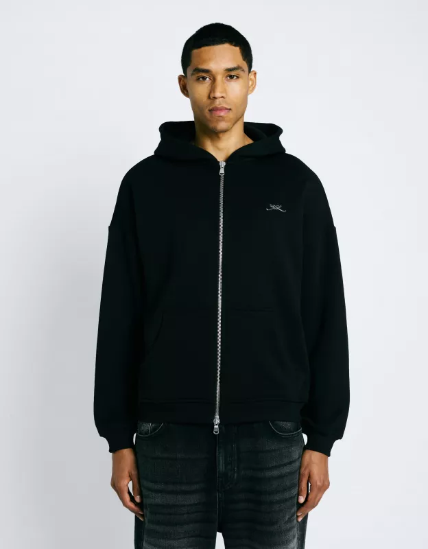 Initial Pin Zip Hoodie - Black
